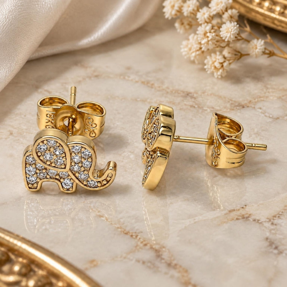 Oro Laminado Stud Earring, Gold Filled Style Elephant Design, with White Micro Pave, Polished, Golden Finish