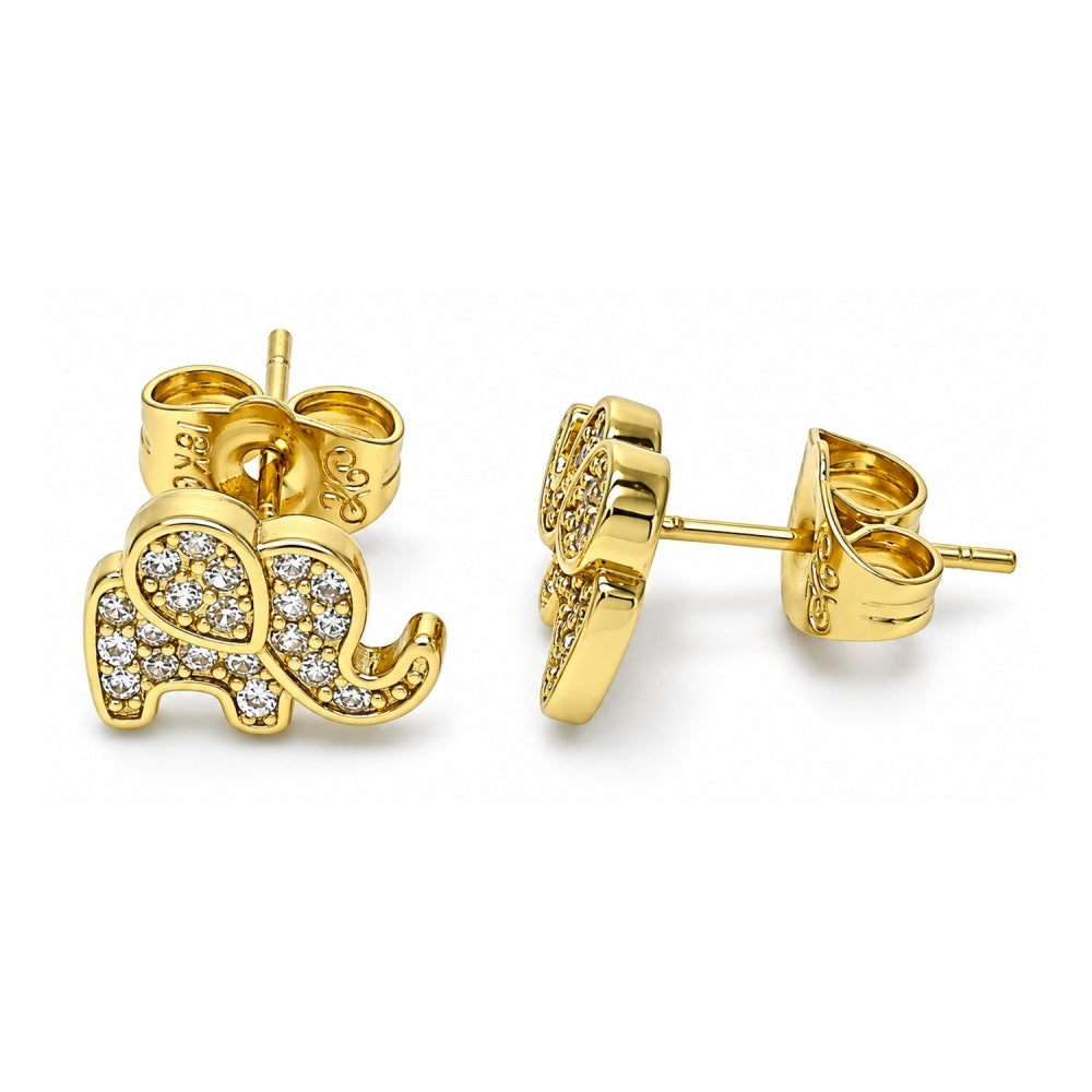 Oro Laminado Stud Earring, Gold Filled Style Elephant Design, with White Micro Pave, Polished, Golden Finish
