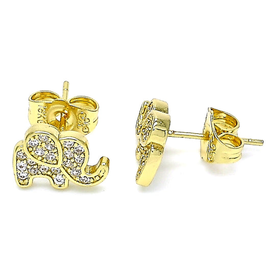 Oro Laminado Stud Earring, Gold Filled Style Elephant Design, with White Micro Pave, Polished, Golden Finish