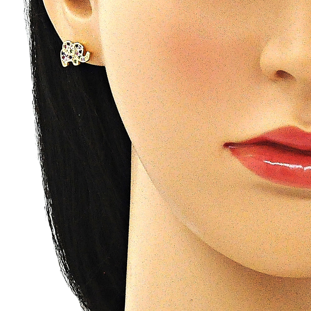 Oro Laminado Stud Earring, Gold Filled Style Elephant Design, with Multicolor Micro Pave, Polished, Golden Finish