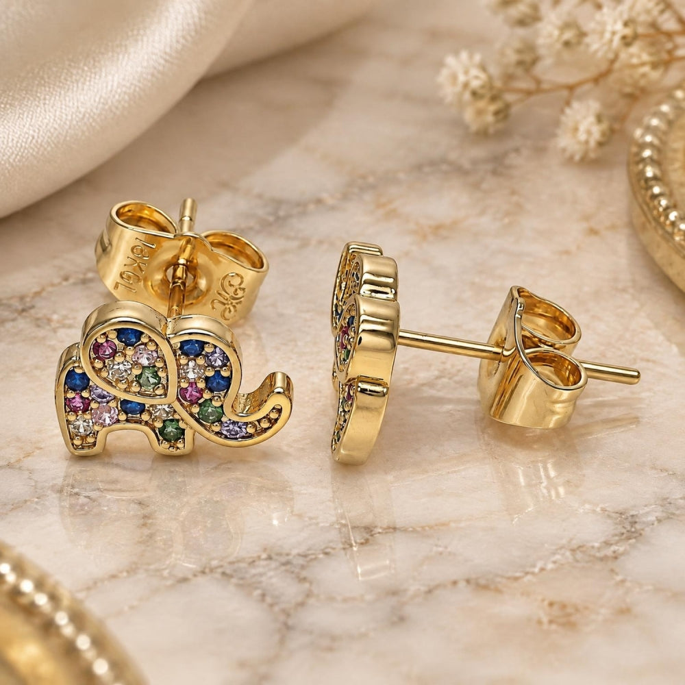Oro Laminado Stud Earring, Gold Filled Style Elephant Design, with Multicolor Micro Pave, Polished, Golden Finish