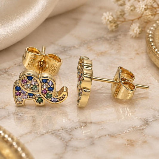 Oro Laminado Stud Earring, Gold Filled Style Elephant Design, with Multicolor Micro Pave, Polished, Golden Finish