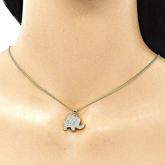 Oro Laminado Earring and Pendant Adult Set, Gold Filled Style Elephant Design, with White Micro Pave, Polished, Golden Finish