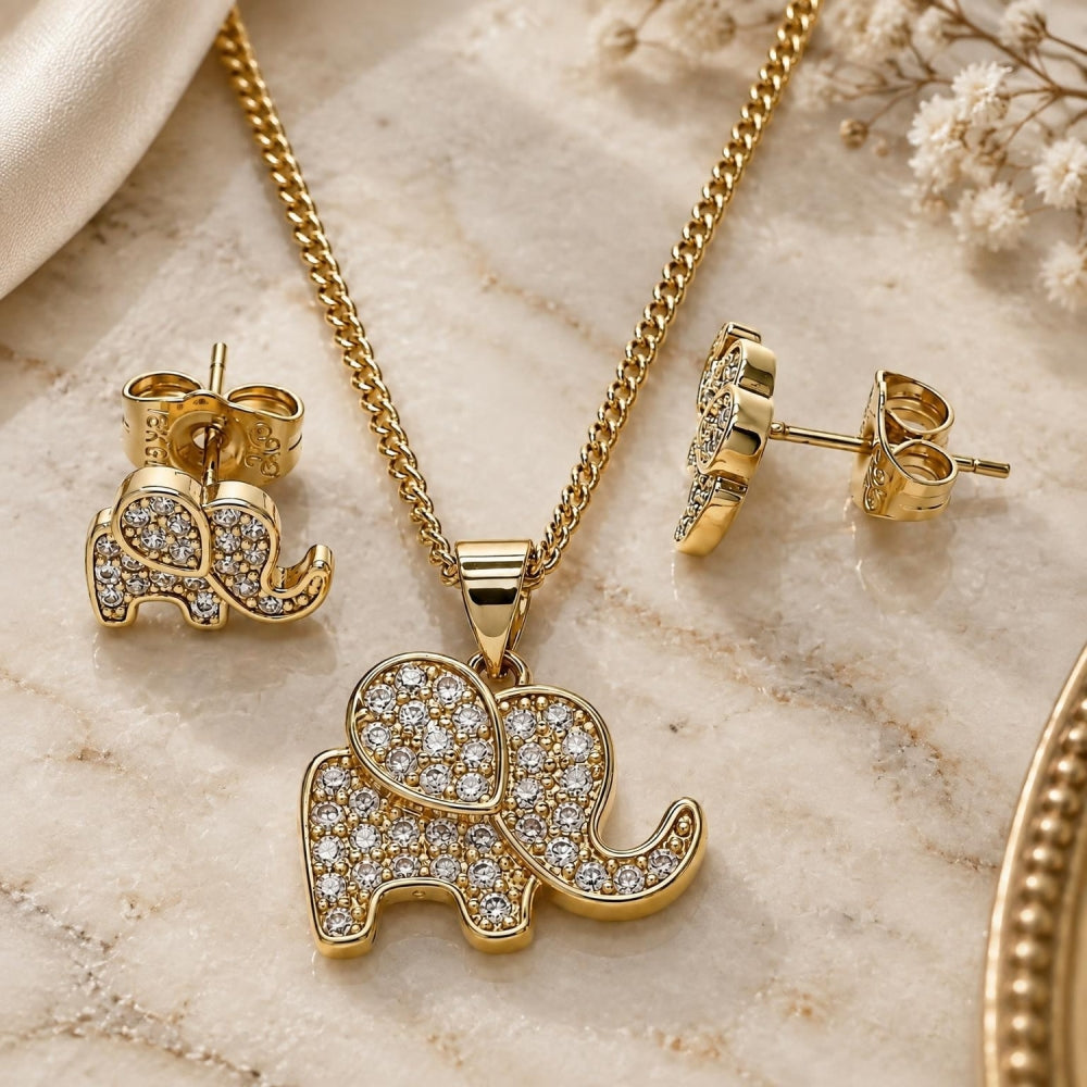 Oro Laminado Earring and Pendant Adult Set, Gold Filled Style Elephant Design, with White Micro Pave, Polished, Golden Finish