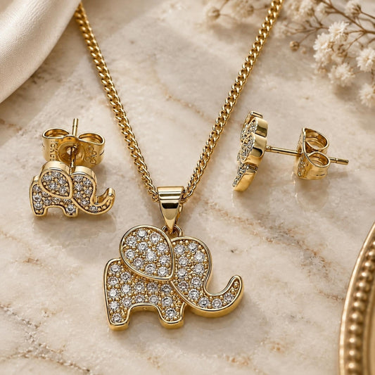 Oro Laminado Earring and Pendant Adult Set, Gold Filled Style Elephant Design, with White Micro Pave, Polished, Golden Finish