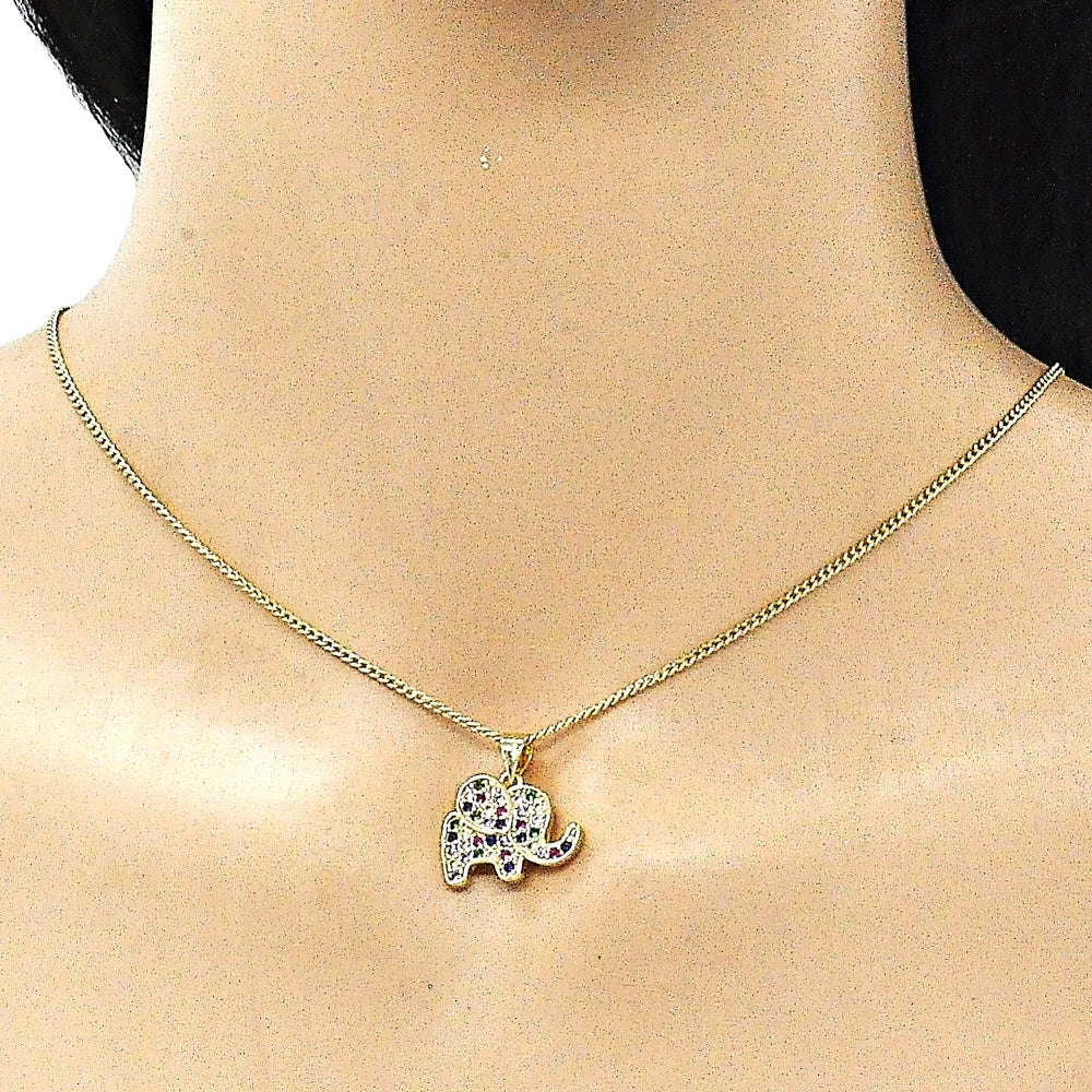 Oro Laminado Earring and Pendant Adult Set, Gold Filled Style Elephant Design, with Multicolor Micro Pave, Polished, Golden Finish