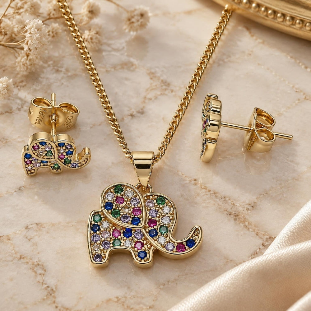Oro Laminado Earring and Pendant Adult Set, Gold Filled Style Elephant Design, with Multicolor Micro Pave, Polished, Golden Finish