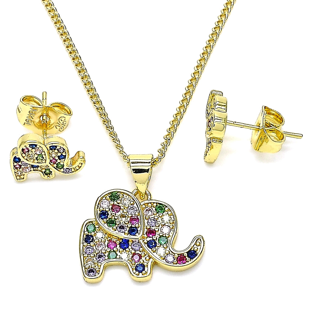 Oro Laminado Earring and Pendant Adult Set, Gold Filled Style Elephant Design, with Multicolor Micro Pave, Polished, Golden Finish