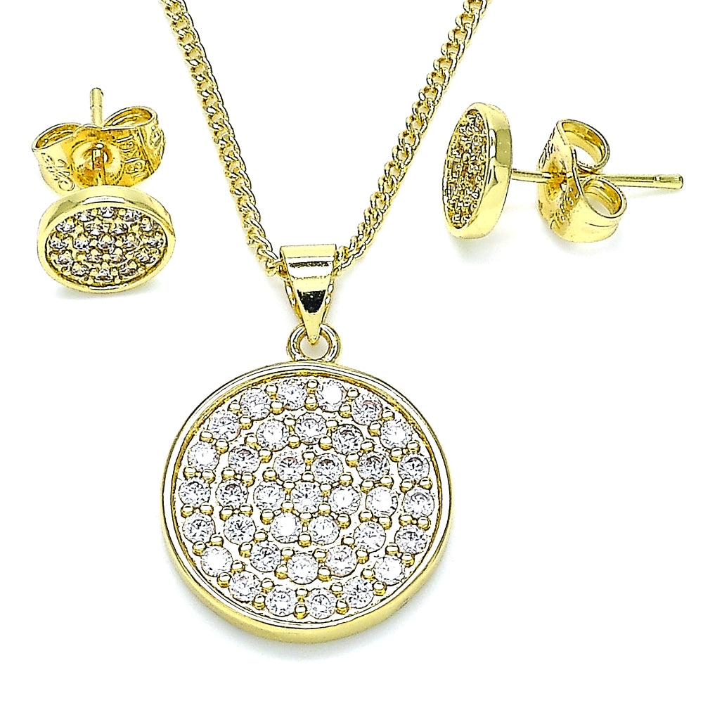Oro Laminado Earring and Pendant Adult Set, Gold Filled Style with White Micro Pave, Polished, Golden Finish