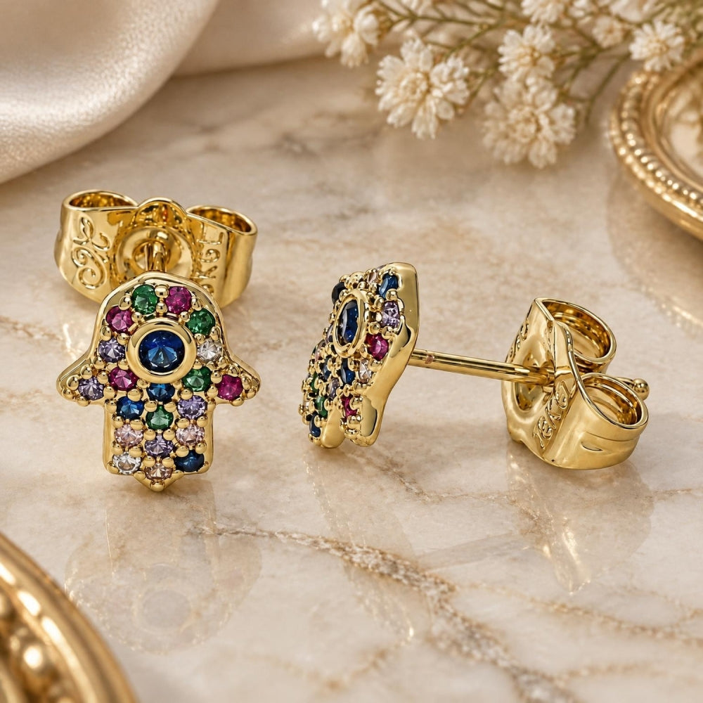 Oro Laminado Stud Earring, Gold Filled Style Hand of God and Judaica Design, with Multicolor Micro Pave and Sapphire Blue Cubic Zirconia, Polished, Golden Finish