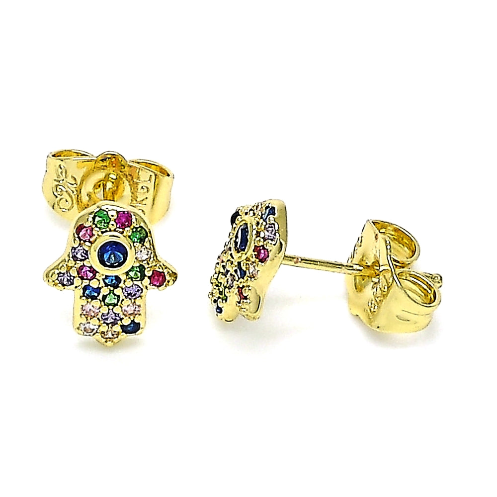 Oro Laminado Stud Earring, Gold Filled Style Hand of God and Judaica Design, with Multicolor Micro Pave and Sapphire Blue Cubic Zirconia, Polished, Golden Finish