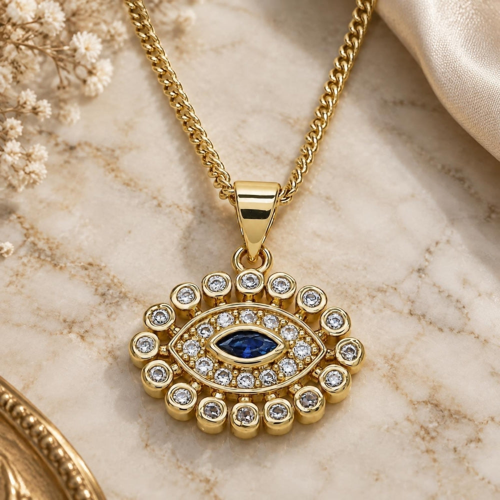 Oro Laminado Pendant Necklace, Gold Filled Style Evil Eye Design, with Sapphire Blue and White Micro Pave, Polished, Golden Finish