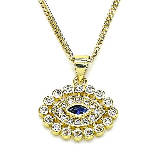 Oro Laminado Pendant Necklace, Gold Filled Style Evil Eye Design, with Sapphire Blue and White Micro Pave, Polished, Golden Finish