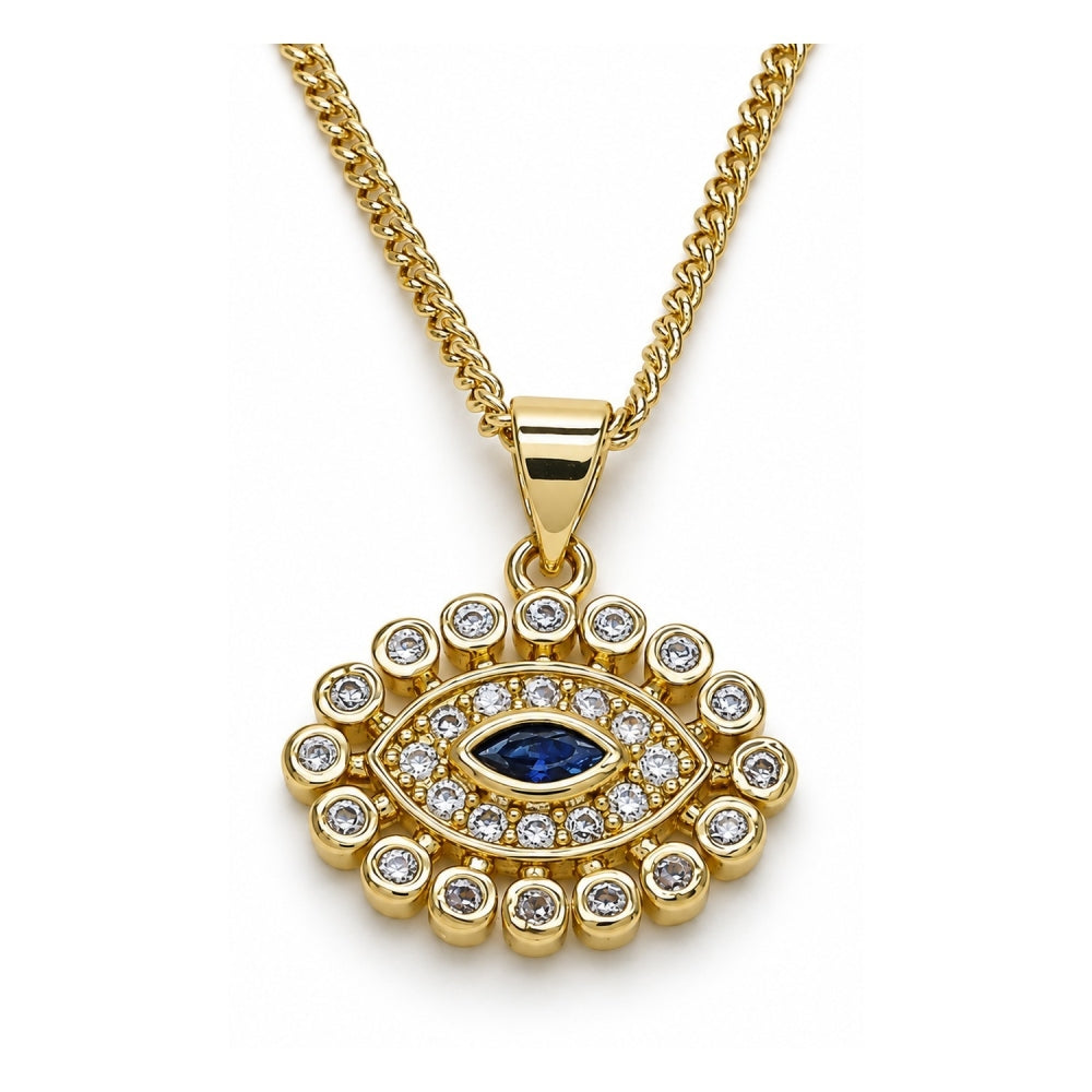 Oro Laminado Pendant Necklace, Gold Filled Style Evil Eye Design, with Sapphire Blue and White Micro Pave, Polished, Golden Finish