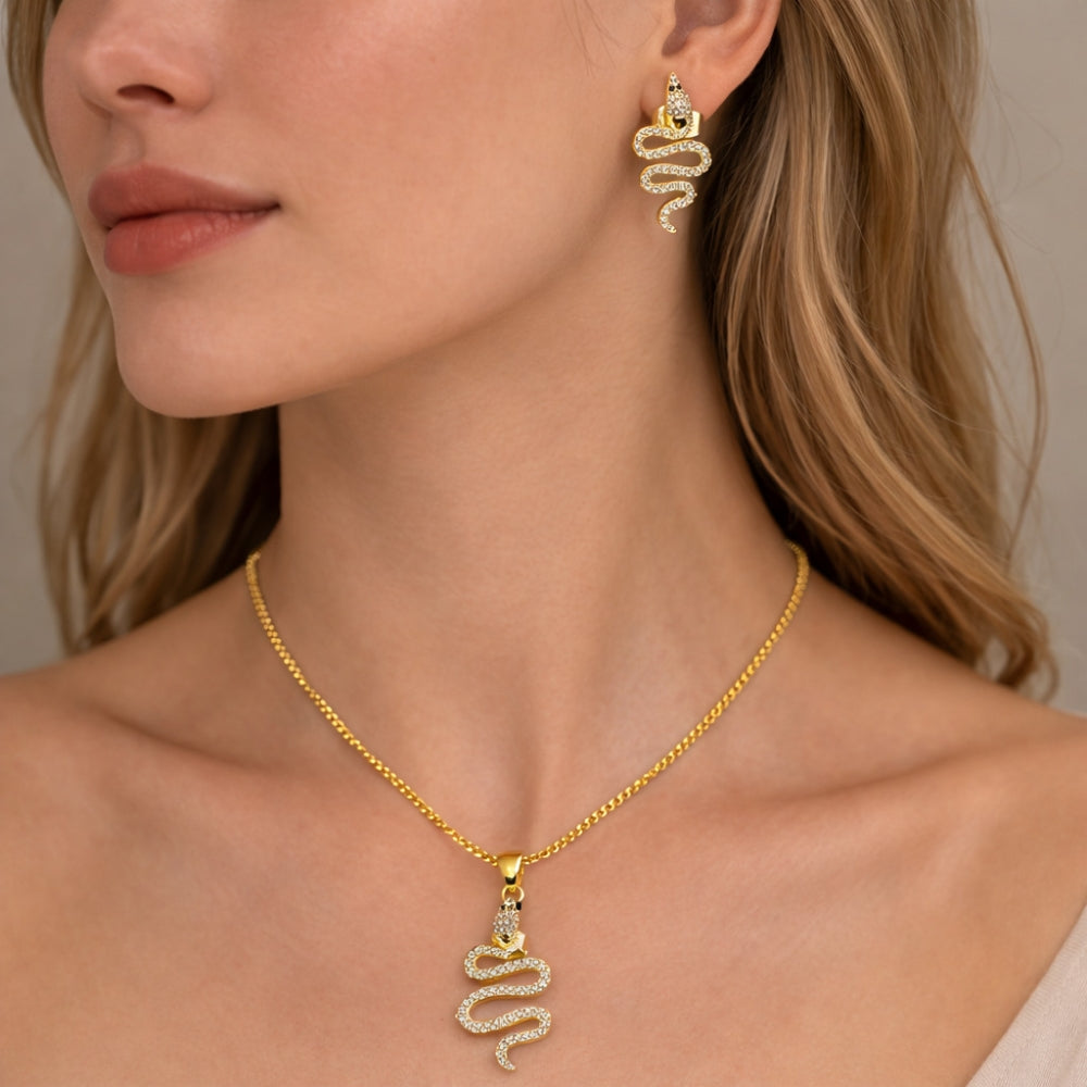 Oro Laminado Earring and Pendant Adult Set, Gold Filled Style Snake Design, with White and Green Micro Pave, Polished, Golden Finish