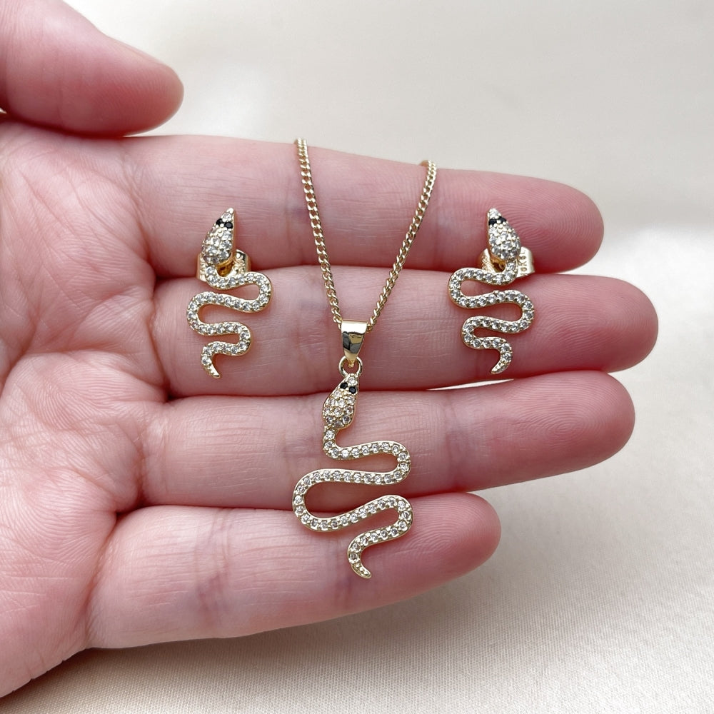 Oro Laminado Earring and Pendant Adult Set, Gold Filled Style Snake Design, with White and Green Micro Pave, Polished, Golden Finish