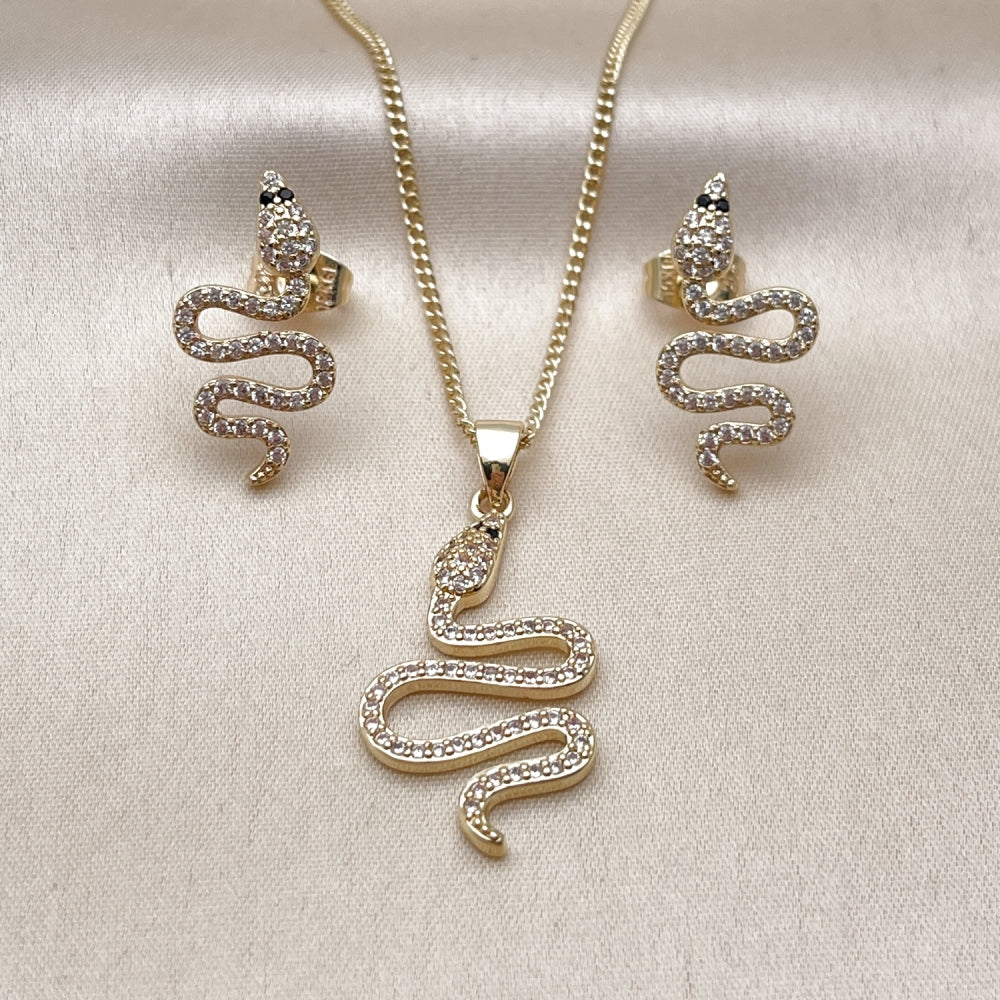 Oro Laminado Earring and Pendant Adult Set, Gold Filled Style Snake Design, with White and Green Micro Pave, Polished, Golden Finish