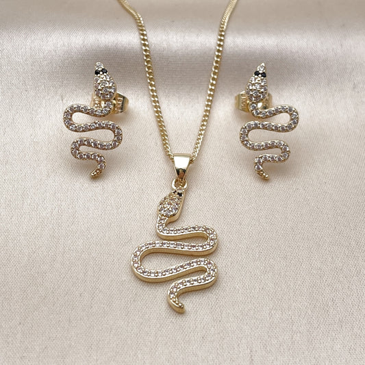 Oro Laminado Earring and Pendant Adult Set, Gold Filled Style Snake Design, with White and Green Micro Pave, Polished, Golden Finish