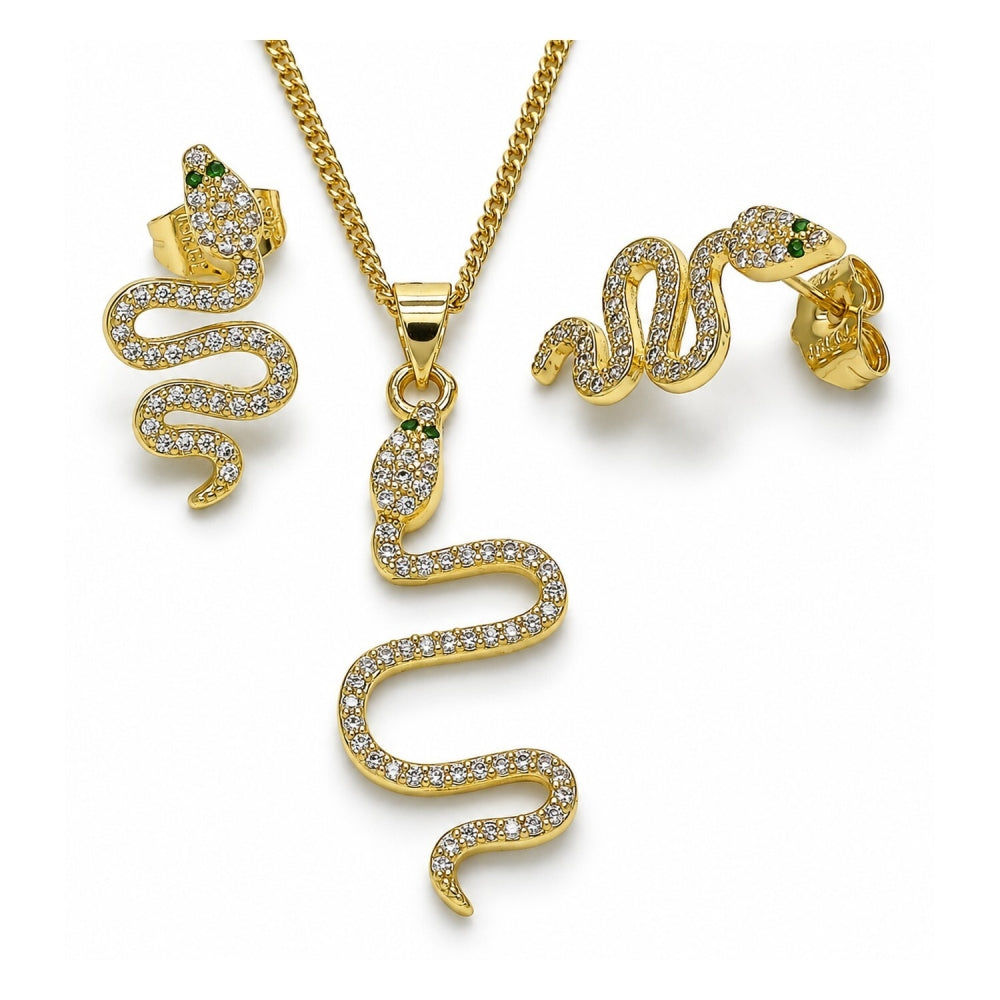 Oro Laminado Earring and Pendant Adult Set, Gold Filled Style Snake Design, with White and Green Micro Pave, Polished, Golden Finish
