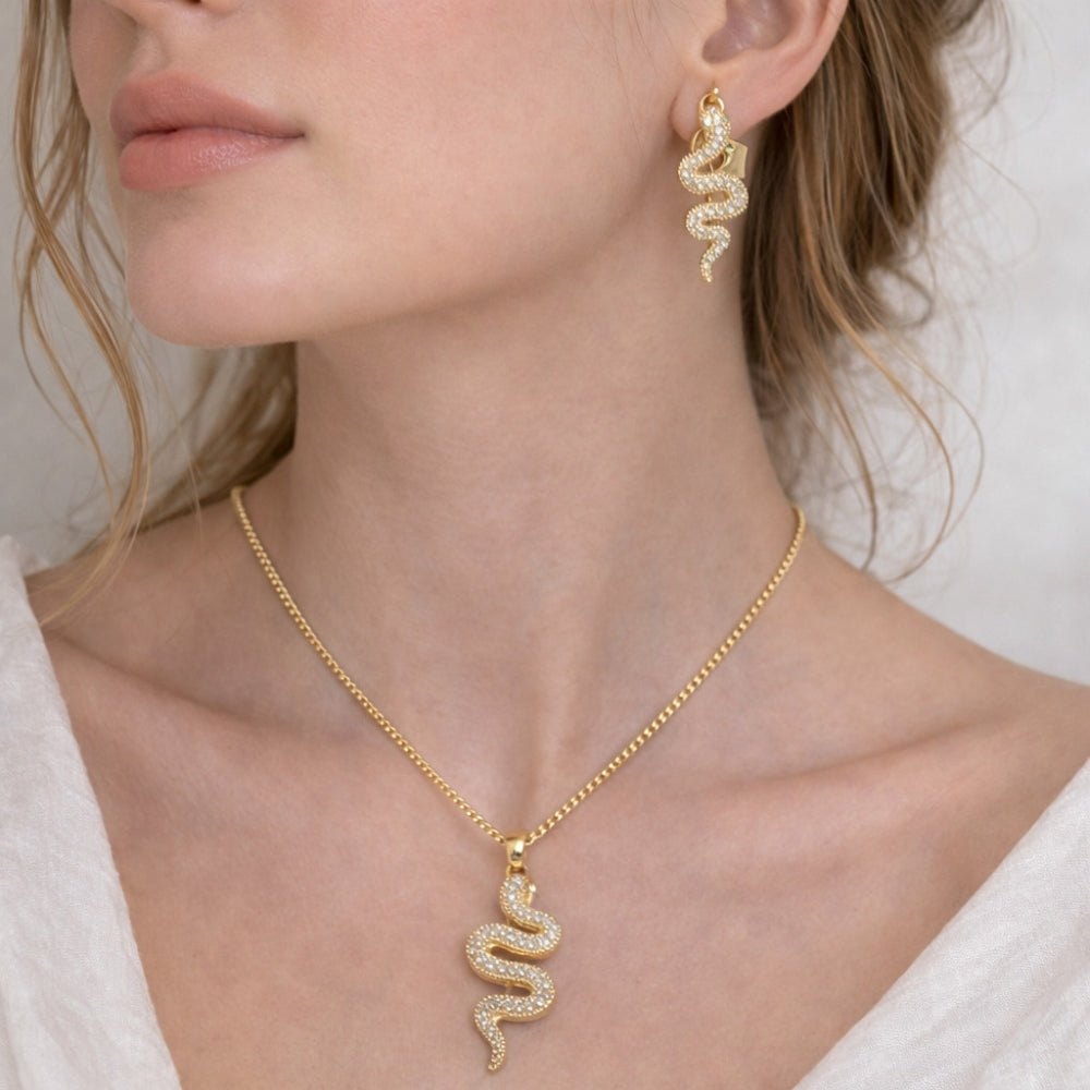 Oro Laminado Earring and Pendant Adult Set, Gold Filled Style Snake Design, with White Micro Pave, Polished, Golden Finish