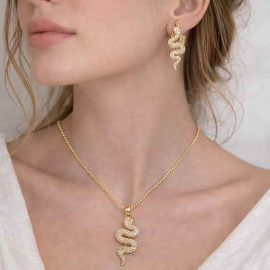 Oro Laminado Earring and Pendant Adult Set, Gold Filled Style Snake Design, with White Micro Pave, Polished, Golden Finish