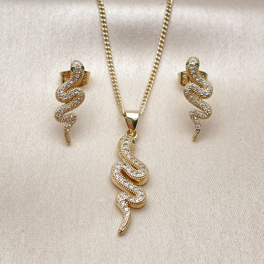 Oro Laminado Earring and Pendant Adult Set, Gold Filled Style Snake Design, with White Micro Pave, Polished, Golden Finish