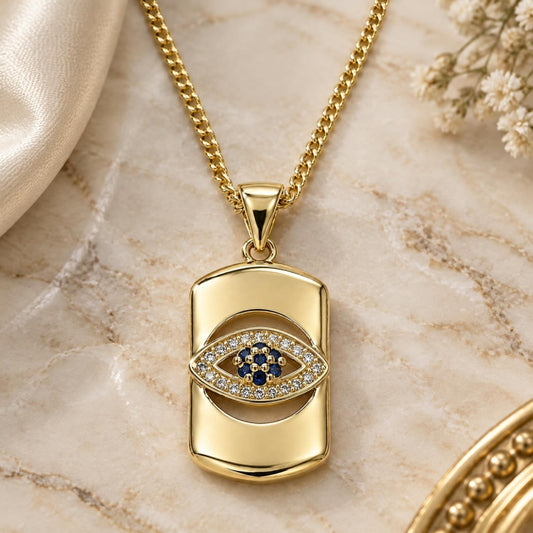 Oro Laminado Pendant Necklace, Gold Filled Style Evil Eye Design, with Sapphire Blue and White Micro Pave, Polished, Golden Finish
