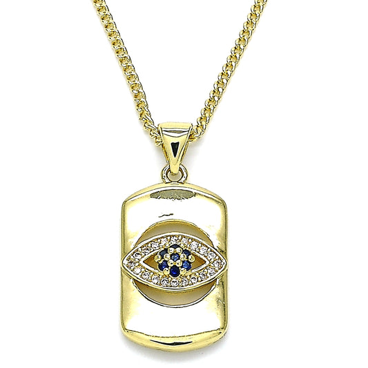 Oro Laminado Pendant Necklace, Gold Filled Style Evil Eye Design, with Sapphire Blue and White Micro Pave, Polished, Golden Finish