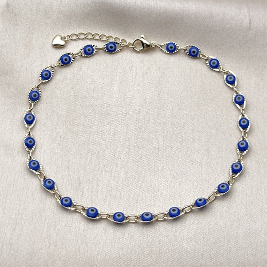 Oro Laminado Fancy Anklet, Gold Filled Style Evil Eye Design, Blue Resin Finish, Golden Finish