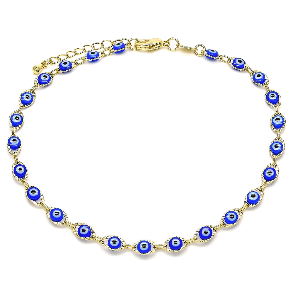 Oro Laminado Fancy Anklet, Gold Filled Style Evil Eye Design, Blue Resin Finish, Golden Finish