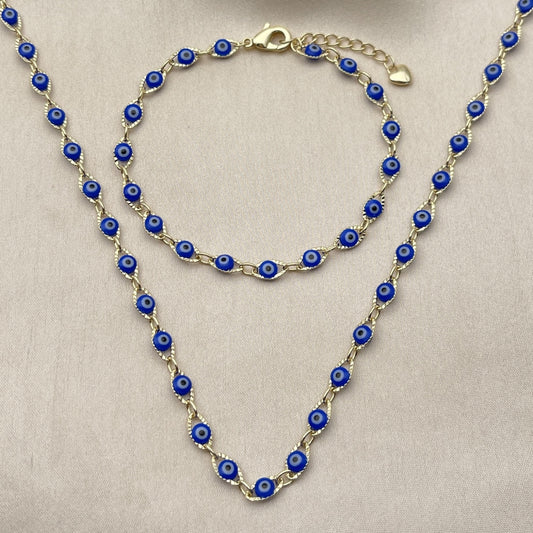 Oro Laminado Necklace and Bracelet, Gold Filled Style Evil Eye Design, Blue Resin Finish, Golden Finish