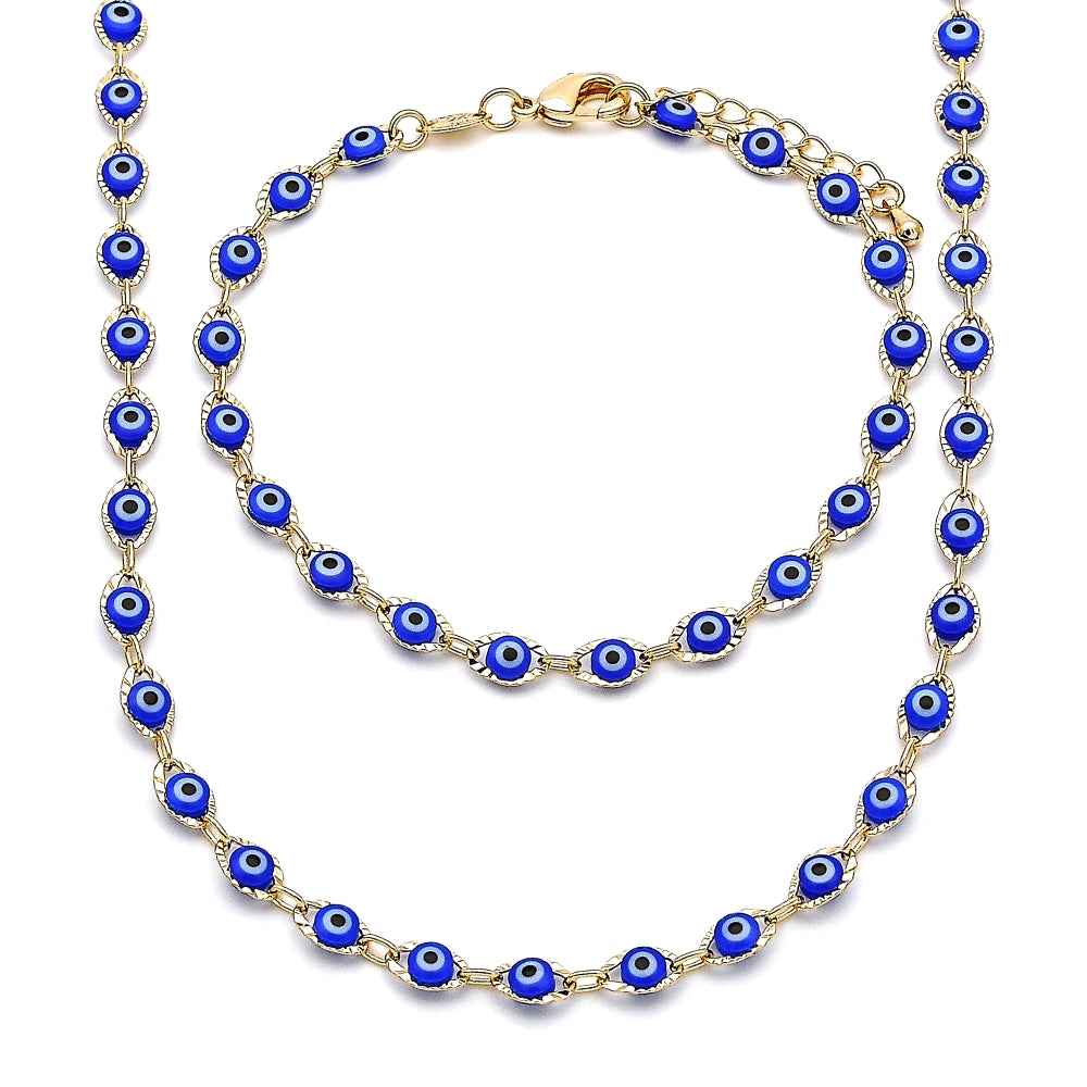 Oro Laminado Necklace and Bracelet, Gold Filled Style Evil Eye Design, Blue Resin Finish, Golden Finish