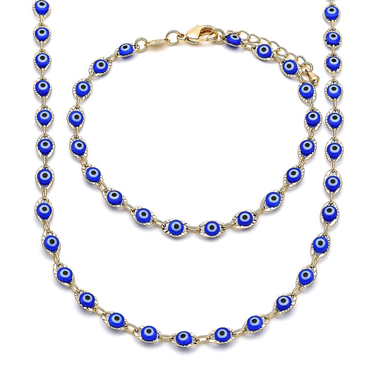 Oro Laminado Necklace and Bracelet, Gold Filled Style Evil Eye Design, Blue Resin Finish, Golden Finish