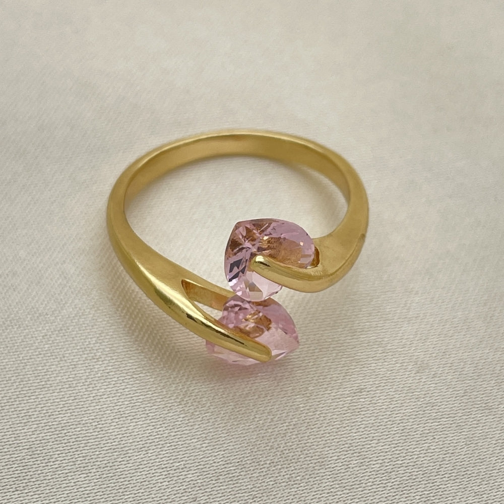 Oro Laminado Multi Stone Ring, Gold Filled Style Heart Design, with Pink Cubic Zirconia, Polished, Golden Finish