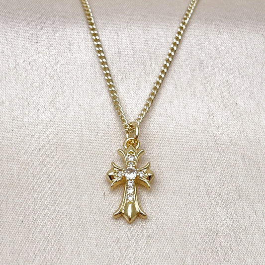 Oro Laminado Pendant Necklace, Gold Filled Style Cross Design, with White Cubic Zirconia, Polished, Golden Finish
