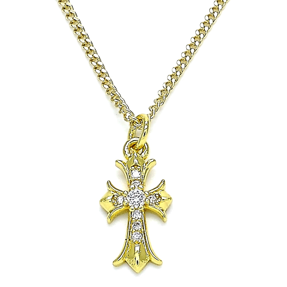 Oro Laminado Pendant Necklace, Gold Filled Style Cross Design, with White Cubic Zirconia, Polished, Golden Finish