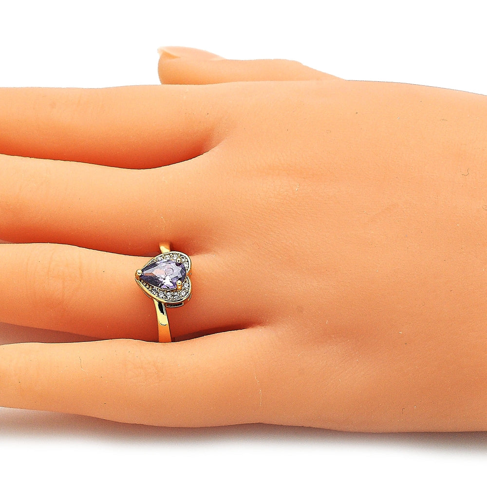 Oro Laminado Multi Stone Ring, Gold Filled Style Heart and Teardrop Design, with Amethyst and White Cubic Zirconia, Polished, Golden Finish