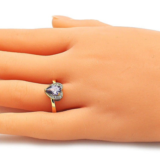 Oro Laminado Multi Stone Ring, Gold Filled Style Heart and Teardrop Design, with Amethyst and White Cubic Zirconia, Polished, Golden Finish