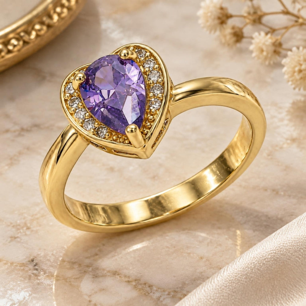 Oro Laminado Multi Stone Ring, Gold Filled Style Heart and Teardrop Design, with Amethyst and White Cubic Zirconia, Polished, Golden Finish