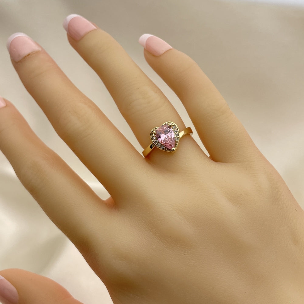 Oro Laminado Multi Stone Ring, Gold Filled Style Heart and Teardrop Design, with Pink and White Cubic Zirconia, Polished, Golden Finish