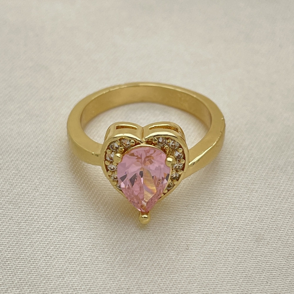 Oro Laminado Multi Stone Ring, Gold Filled Style Heart and Teardrop Design, with Pink and White Cubic Zirconia, Polished, Golden Finish