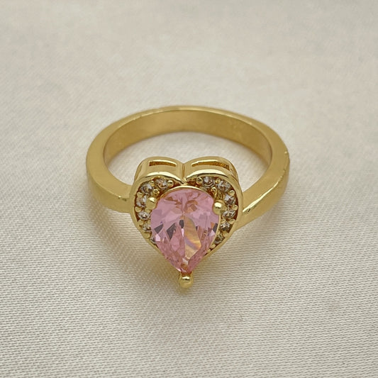 Oro Laminado Multi Stone Ring, Gold Filled Style Heart and Teardrop Design, with Pink and White Cubic Zirconia, Polished, Golden Finish