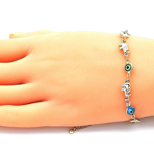 Oro Laminado Fancy Bracelet, Gold Filled Style Elephant and Evil Eye Design, Multicolor Resin Finish, Golden Finish