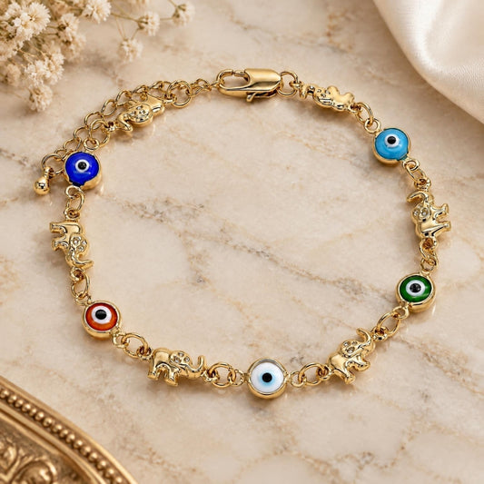 Oro Laminado Fancy Bracelet, Gold Filled Style Elephant and Evil Eye Design, Multicolor Resin Finish, Golden Finish