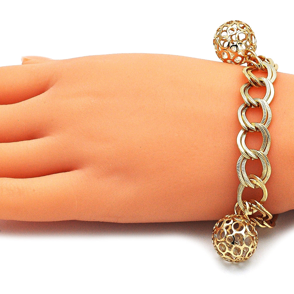 Oro Laminado Charm Bracelet, Gold Filled Style Ball Design, with White Cubic Zirconia, Polished, Golden Finish