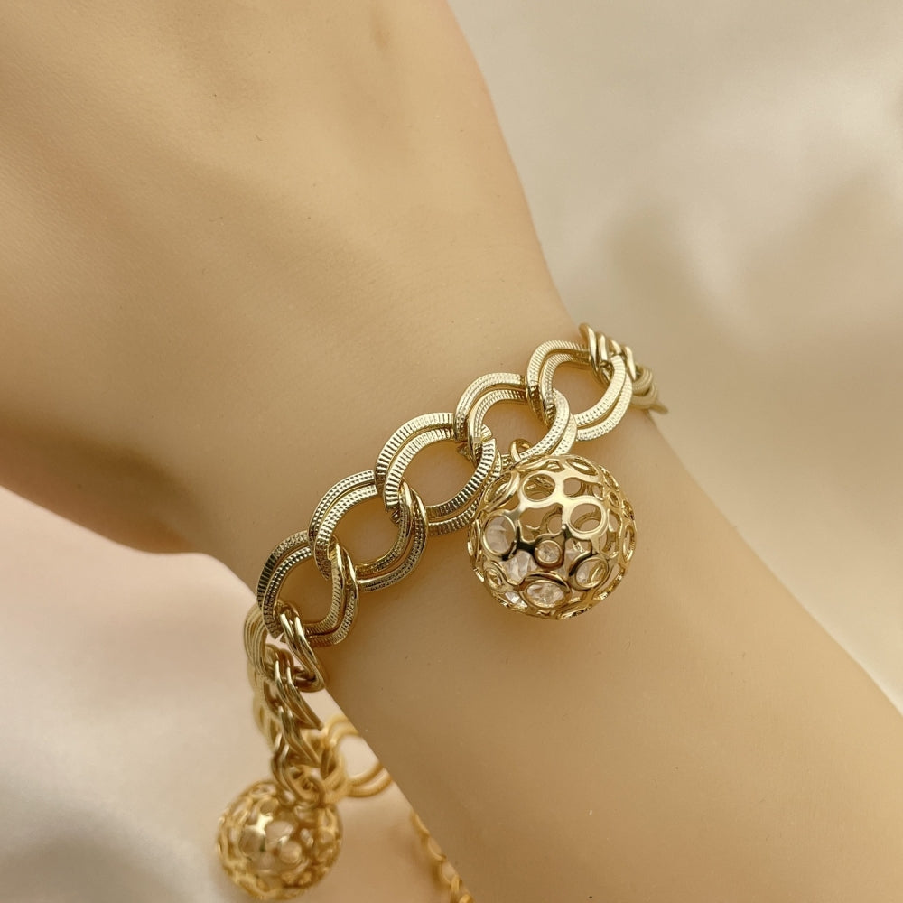 Oro Laminado Charm Bracelet, Gold Filled Style Ball Design, with White Cubic Zirconia, Polished, Golden Finish