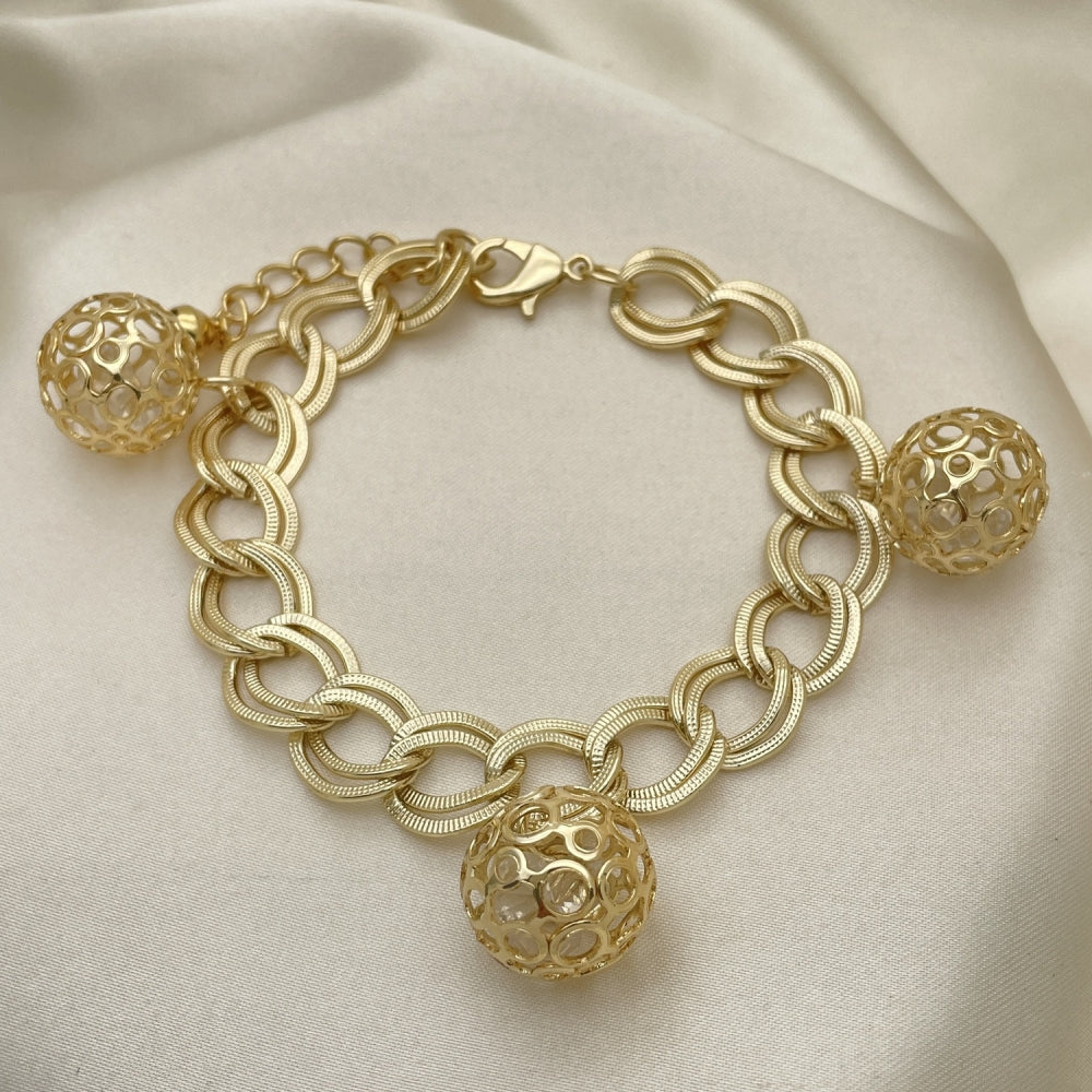Oro Laminado Charm Bracelet, Gold Filled Style Ball Design, with White Cubic Zirconia, Polished, Golden Finish