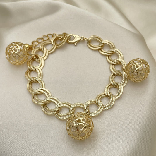 Oro Laminado Charm Bracelet, Gold Filled Style Ball Design, with White Cubic Zirconia, Polished, Golden Finish
