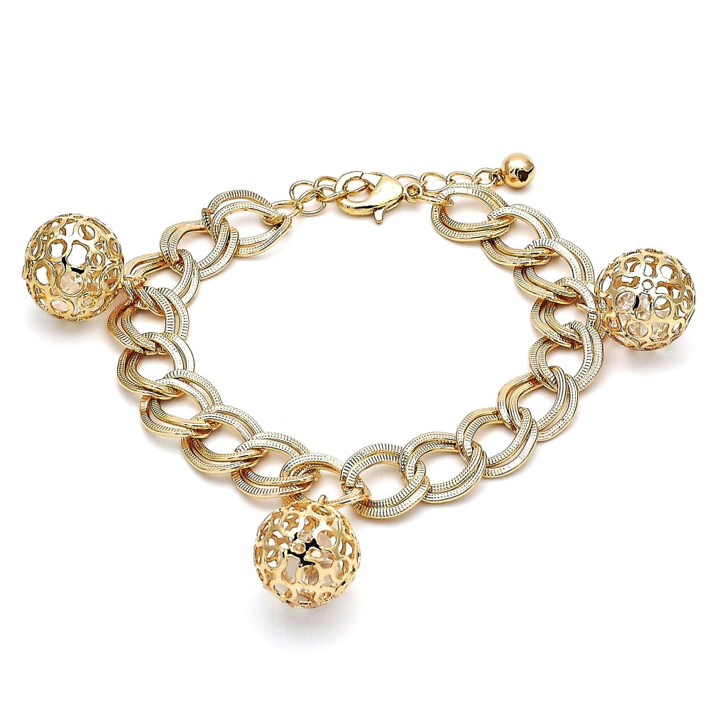 Oro Laminado Charm Bracelet, Gold Filled Style Ball Design, with White Cubic Zirconia, Polished, Golden Finish