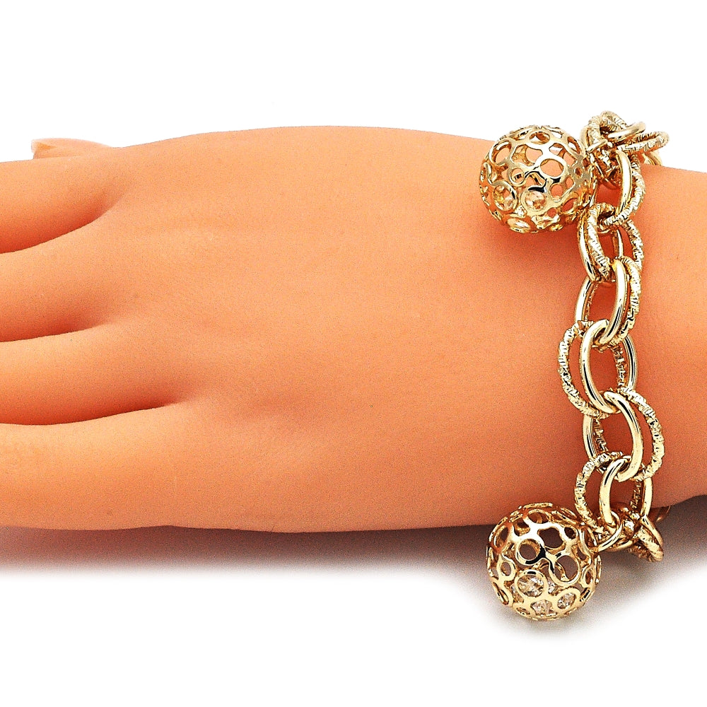Oro Laminado Charm Bracelet, Gold Filled Style Ball Design, with White Cubic Zirconia, Polished, Golden Finish